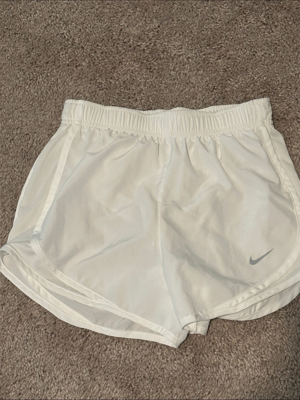 XS Nike Women's White Athletic Running Shorts with Silver Swoosh